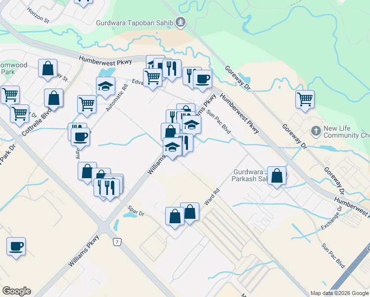 map of restaurants, bars, coffee shops, grocery stores, and more near 2053 Williams Parkway in Brampton