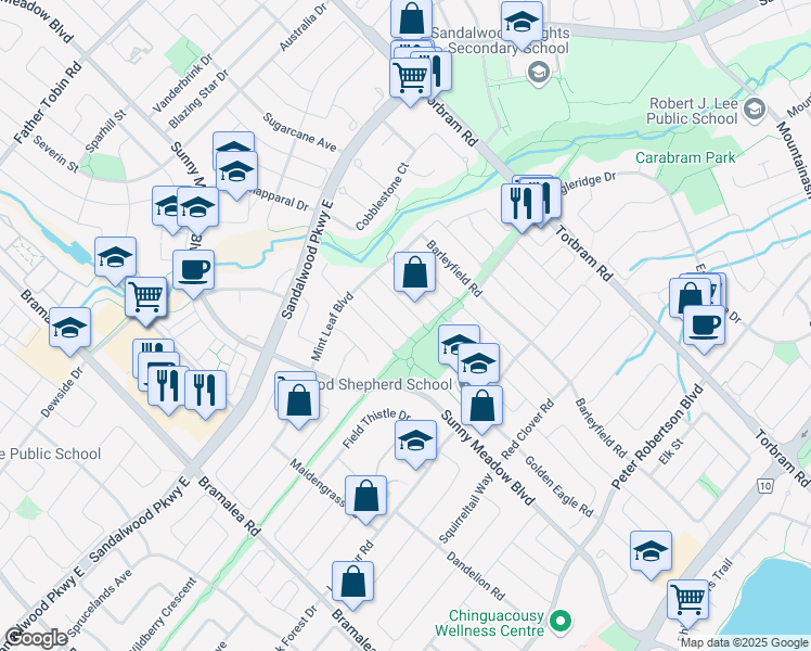 map of restaurants, bars, coffee shops, grocery stores, and more near in Brampton