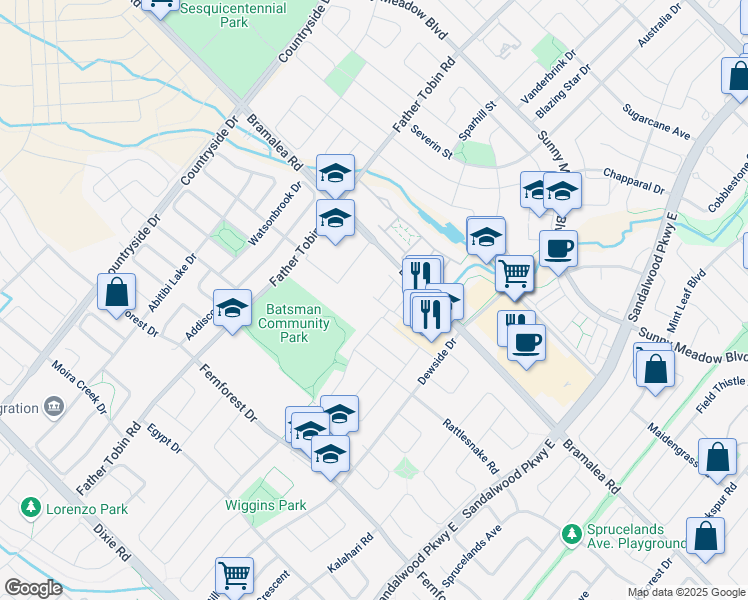 map of restaurants, bars, coffee shops, grocery stores, and more near in Brampton