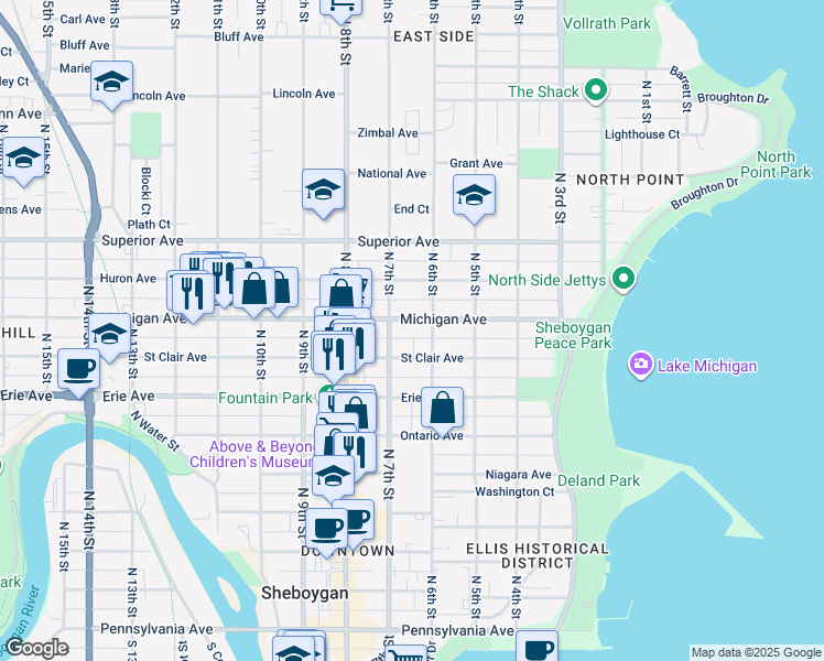map of restaurants, bars, coffee shops, grocery stores, and more near 1215 North 7th Street in Sheboygan