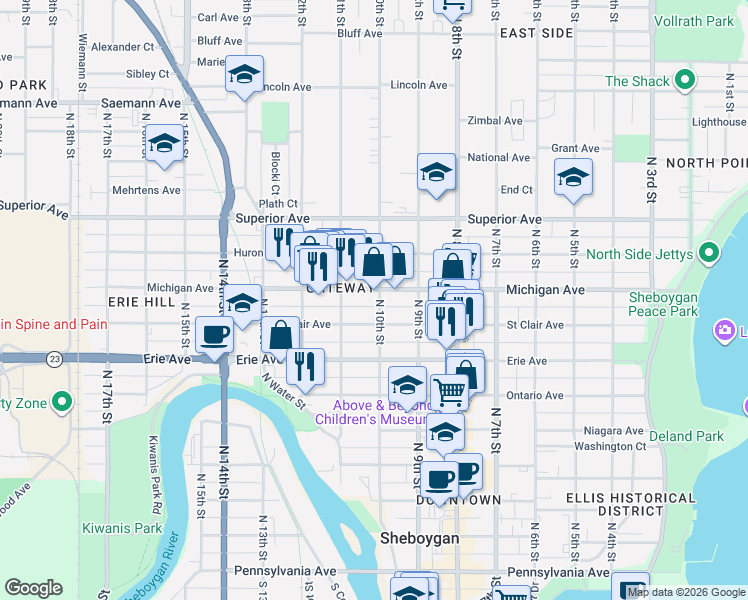map of restaurants, bars, coffee shops, grocery stores, and more near 1016B Saint Clair Avenue in Sheboygan