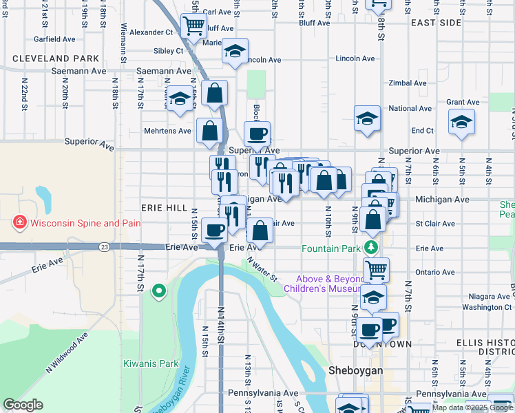map of restaurants, bars, coffee shops, grocery stores, and more near 1216 North 12th Street in Sheboygan