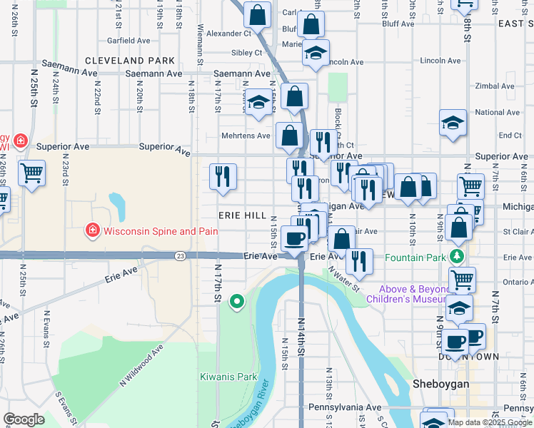 map of restaurants, bars, coffee shops, grocery stores, and more near 1219 North 15th Street in Sheboygan