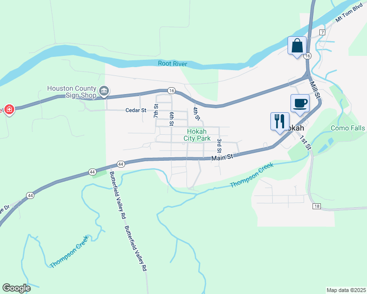 map of restaurants, bars, coffee shops, grocery stores, and more near 500 South 5th Street in Hokah