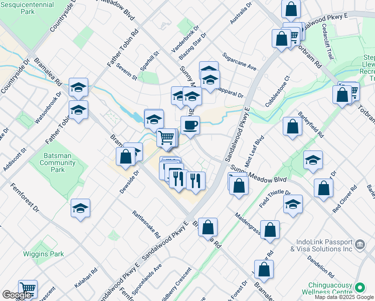 map of restaurants, bars, coffee shops, grocery stores, and more near 250 Sunny Meadow Boulevard in Brampton