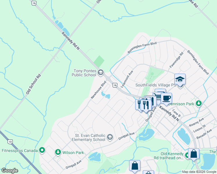 map of restaurants, bars, coffee shops, grocery stores, and more near 16 Cosbury Lane in Caledon