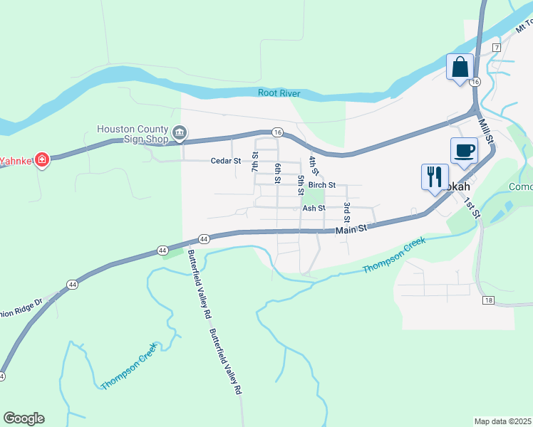 map of restaurants, bars, coffee shops, grocery stores, and more near 105 6th Street South in Hokah