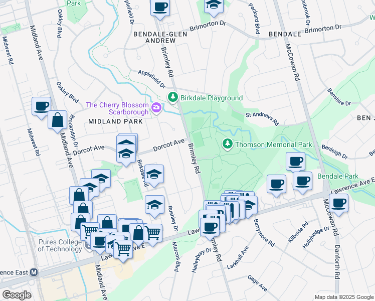 map of restaurants, bars, coffee shops, grocery stores, and more near 1020 Brimley Road in Toronto