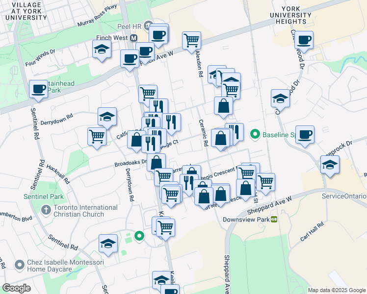 map of restaurants, bars, coffee shops, grocery stores, and more near 25 Lepage Court in Toronto