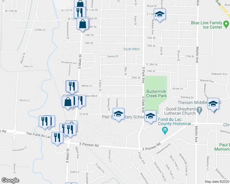 map of restaurants, bars, coffee shops, grocery stores, and more near 121 Guindon Boulevard in Fond du Lac