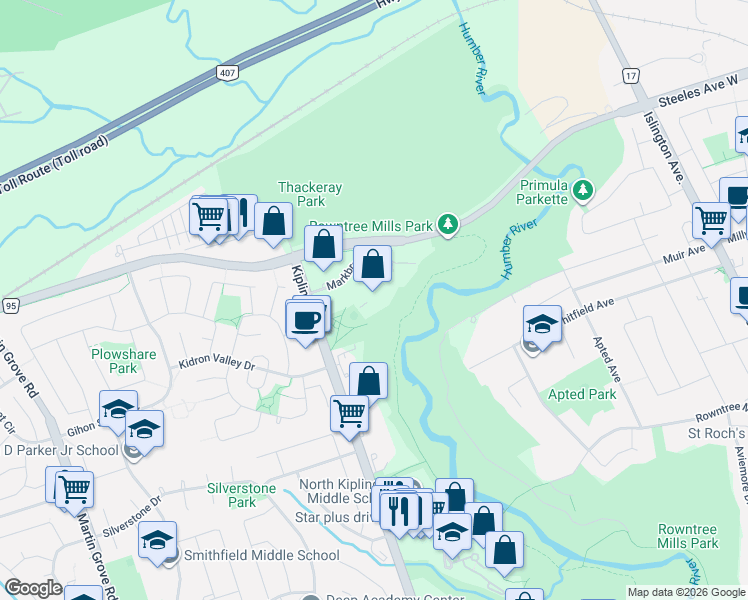 map of restaurants, bars, coffee shops, grocery stores, and more near 41 Markbrook Lane in Toronto