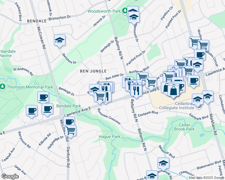 map of restaurants, bars, coffee shops, grocery stores, and more near in Toronto