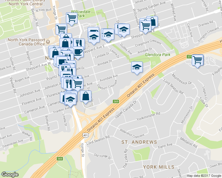 map of restaurants, bars, coffee shops, grocery stores, and more near 120 Harrison Garden Boulevard in Toronto
