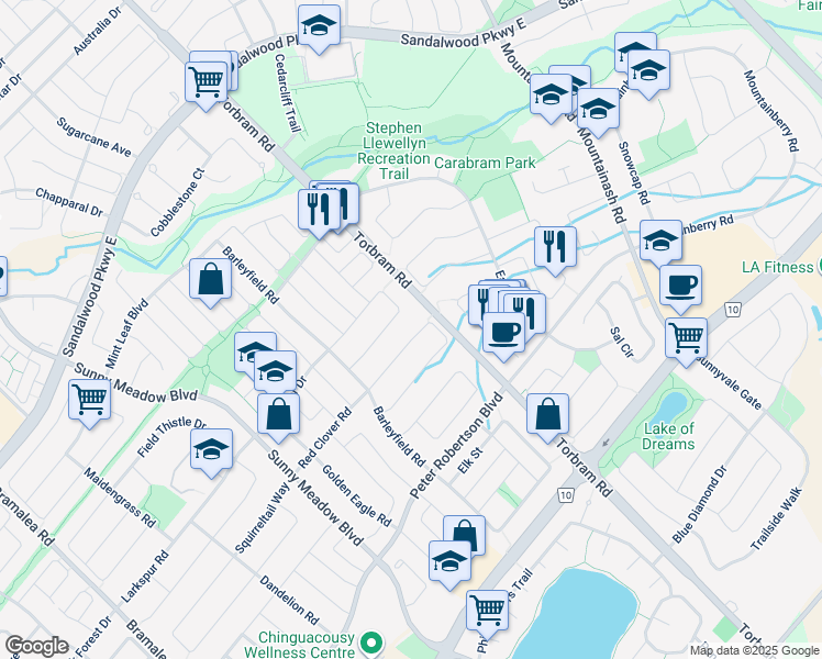map of restaurants, bars, coffee shops, grocery stores, and more near in Brampton