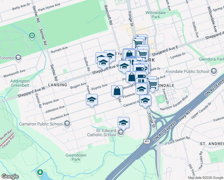 map of restaurants, bars, coffee shops, grocery stores, and more near 90 Johnston Avenue in Toronto