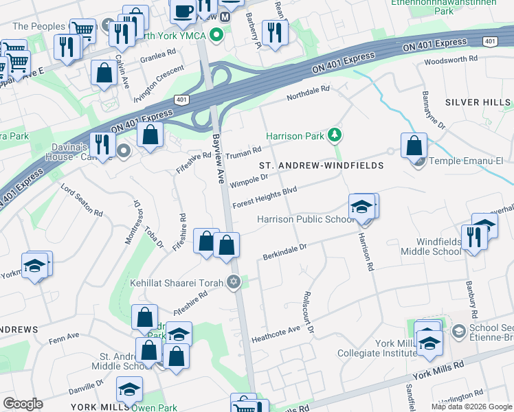 map of restaurants, bars, coffee shops, grocery stores, and more near 21 Forest Heights Boulevard in Toronto