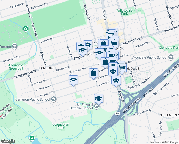 map of restaurants, bars, coffee shops, grocery stores, and more near 92 Johnston Avenue in Toronto