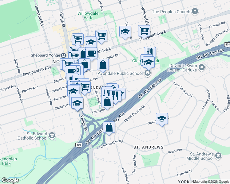 map of restaurants, bars, coffee shops, grocery stores, and more near 9 Oakburn Crescent in Toronto