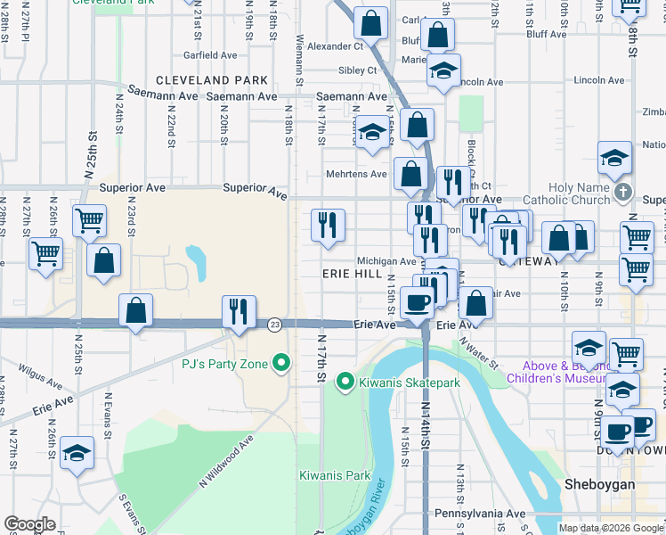 map of restaurants, bars, coffee shops, grocery stores, and more near 1213 North 17th Street in Sheboygan