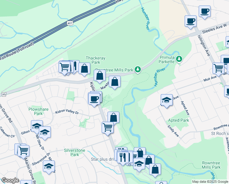 map of restaurants, bars, coffee shops, grocery stores, and more near 41 Markbrook Lane in Toronto