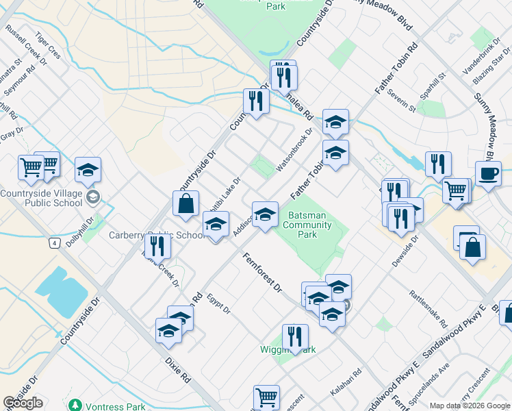 map of restaurants, bars, coffee shops, grocery stores, and more near 31 Addiscott Street in Brampton