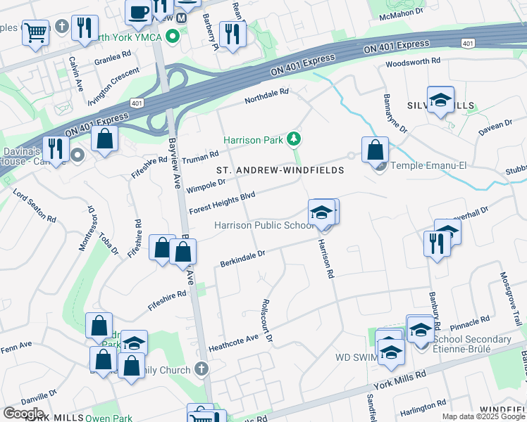 map of restaurants, bars, coffee shops, grocery stores, and more near 50 Old Colony Road in Toronto