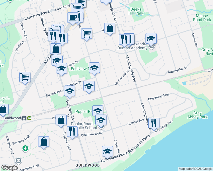 map of restaurants, bars, coffee shops, grocery stores, and more near 58 Kitchener Road in Toronto