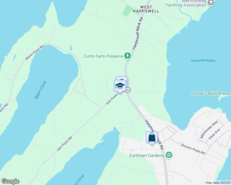 map of restaurants, bars, coffee shops, grocery stores, and more near 18a Ash Point Road in Harpswell