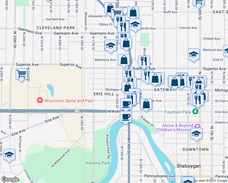 map of restaurants, bars, coffee shops, grocery stores, and more near 1507 Michigan Avenue in Sheboygan