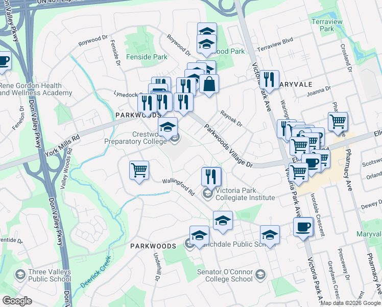 map of restaurants, bars, coffee shops, grocery stores, and more near 39 Treadgold Crescent in Toronto