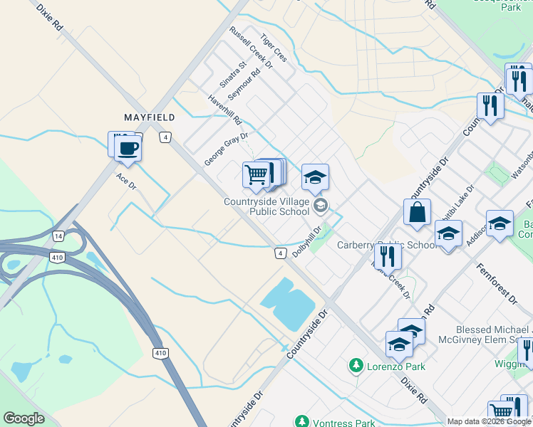 map of restaurants, bars, coffee shops, grocery stores, and more near 36 Ledger Point Crescent in Brampton