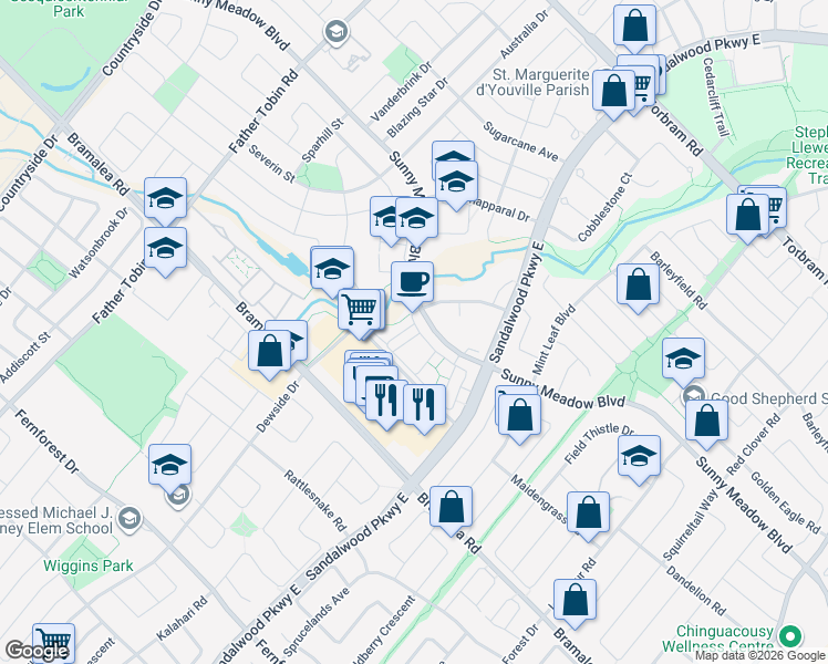 map of restaurants, bars, coffee shops, grocery stores, and more near 250 Sunny Meadow Boulevard in Brampton