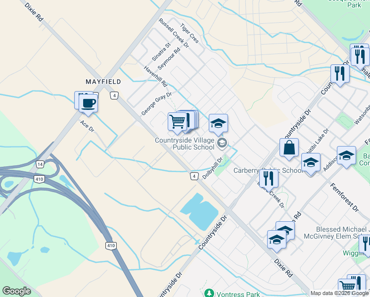 map of restaurants, bars, coffee shops, grocery stores, and more near 36 Ledger Point Crescent in Brampton