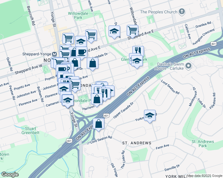 map of restaurants, bars, coffee shops, grocery stores, and more near in Toronto