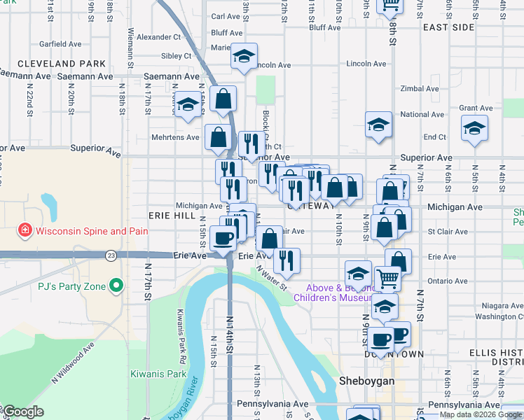 map of restaurants, bars, coffee shops, grocery stores, and more near 1214 North 13th Street in Sheboygan