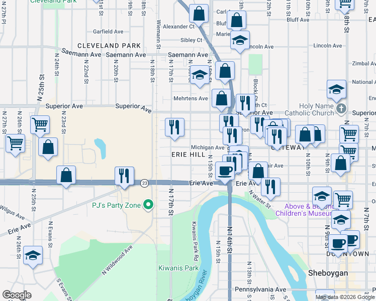 map of restaurants, bars, coffee shops, grocery stores, and more near 1213 North 16th Street in Sheboygan