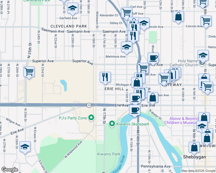 map of restaurants, bars, coffee shops, grocery stores, and more near 1213 North 17th Street in Sheboygan