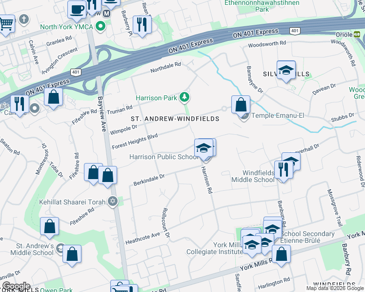 map of restaurants, bars, coffee shops, grocery stores, and more near in Toronto