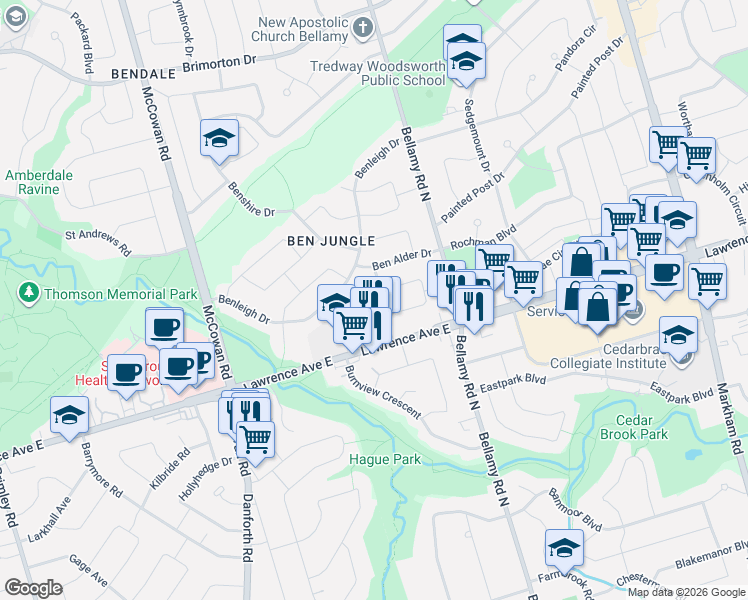 map of restaurants, bars, coffee shops, grocery stores, and more near in Toronto