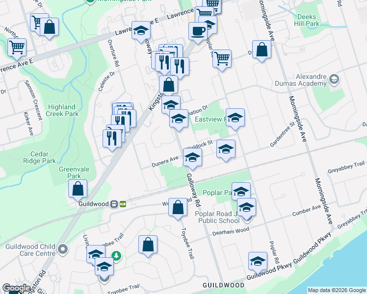 map of restaurants, bars, coffee shops, grocery stores, and more near 105 Galloway Road in Toronto