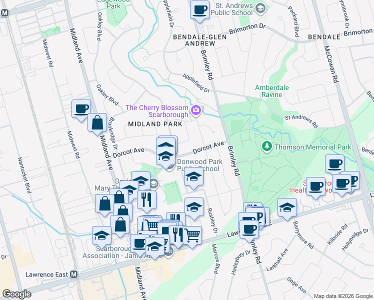 map of restaurants, bars, coffee shops, grocery stores, and more near 84 Dorcot Avenue in Toronto