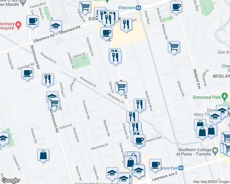 map of restaurants, bars, coffee shops, grocery stores, and more near 5 Gilroy Drive in Toronto