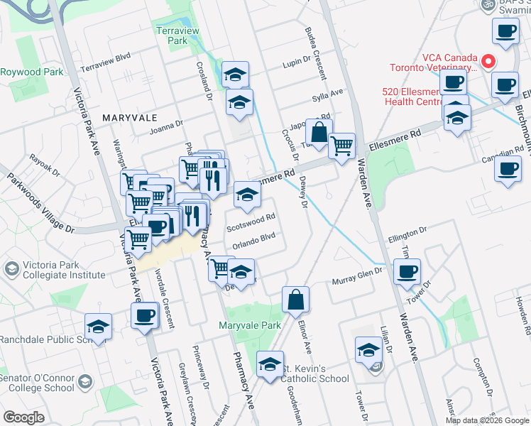 map of restaurants, bars, coffee shops, grocery stores, and more near 26 Scotswood Road in Toronto