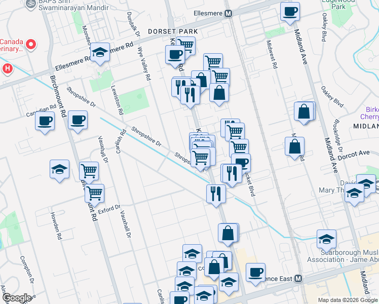 map of restaurants, bars, coffee shops, grocery stores, and more near 5 Gilroy Drive in Toronto