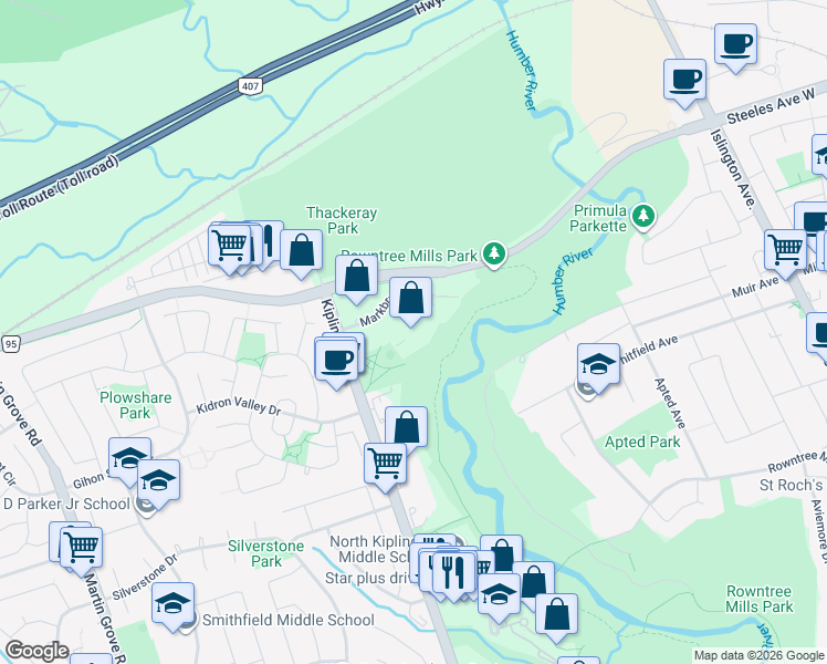 map of restaurants, bars, coffee shops, grocery stores, and more near 41 Markbrook Lane in Toronto