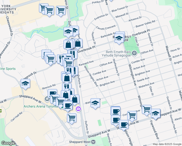 map of restaurants, bars, coffee shops, grocery stores, and more near 222 Combe Avenue in Toronto