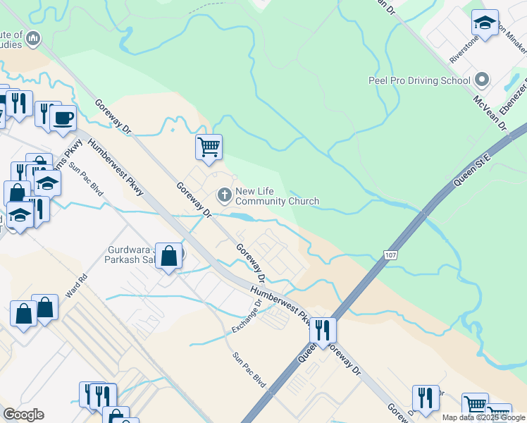map of restaurants, bars, coffee shops, grocery stores, and more near 65 Yorkland Boulevard in Brampton