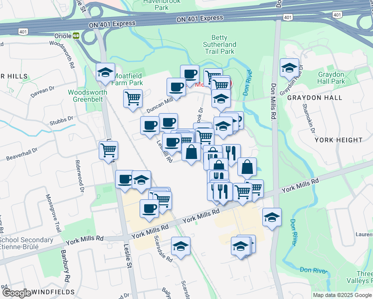 map of restaurants, bars, coffee shops, grocery stores, and more near 2 Valleybrook Drive in Toronto