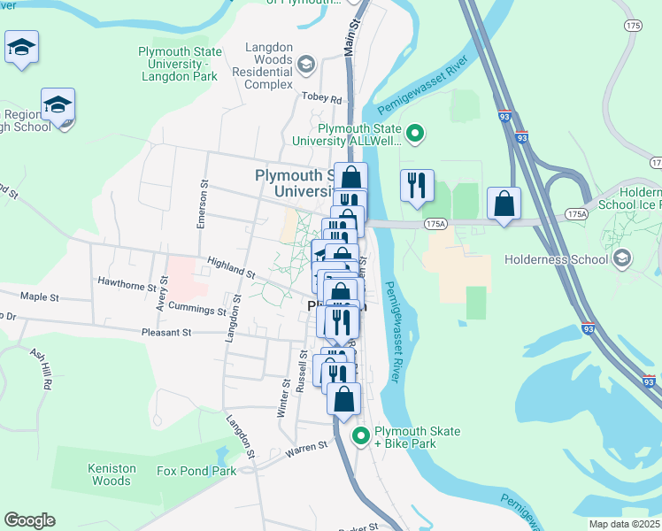 map of restaurants, bars, coffee shops, grocery stores, and more near Plymouth Street in Meredith