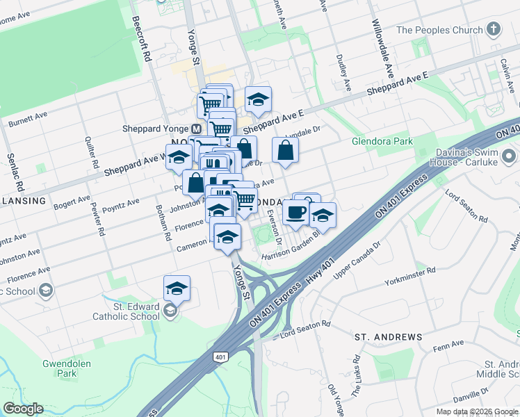 map of restaurants, bars, coffee shops, grocery stores, and more near 37 Avondale Avenue in Toronto